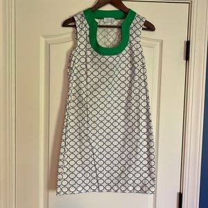 White and Navy shift dress geometric pattern